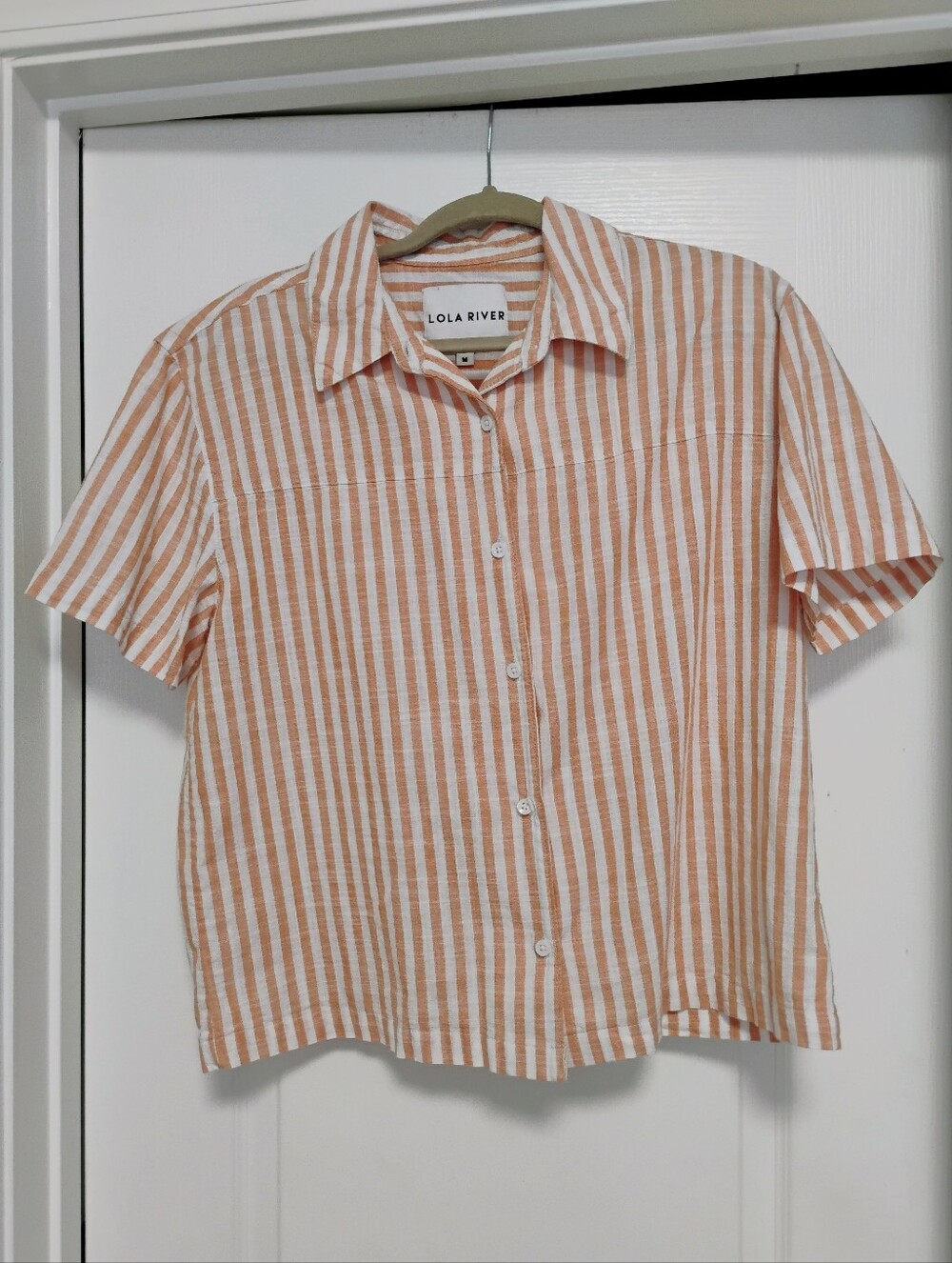 Lola River- Button Down SS Linen Top, Orange/White